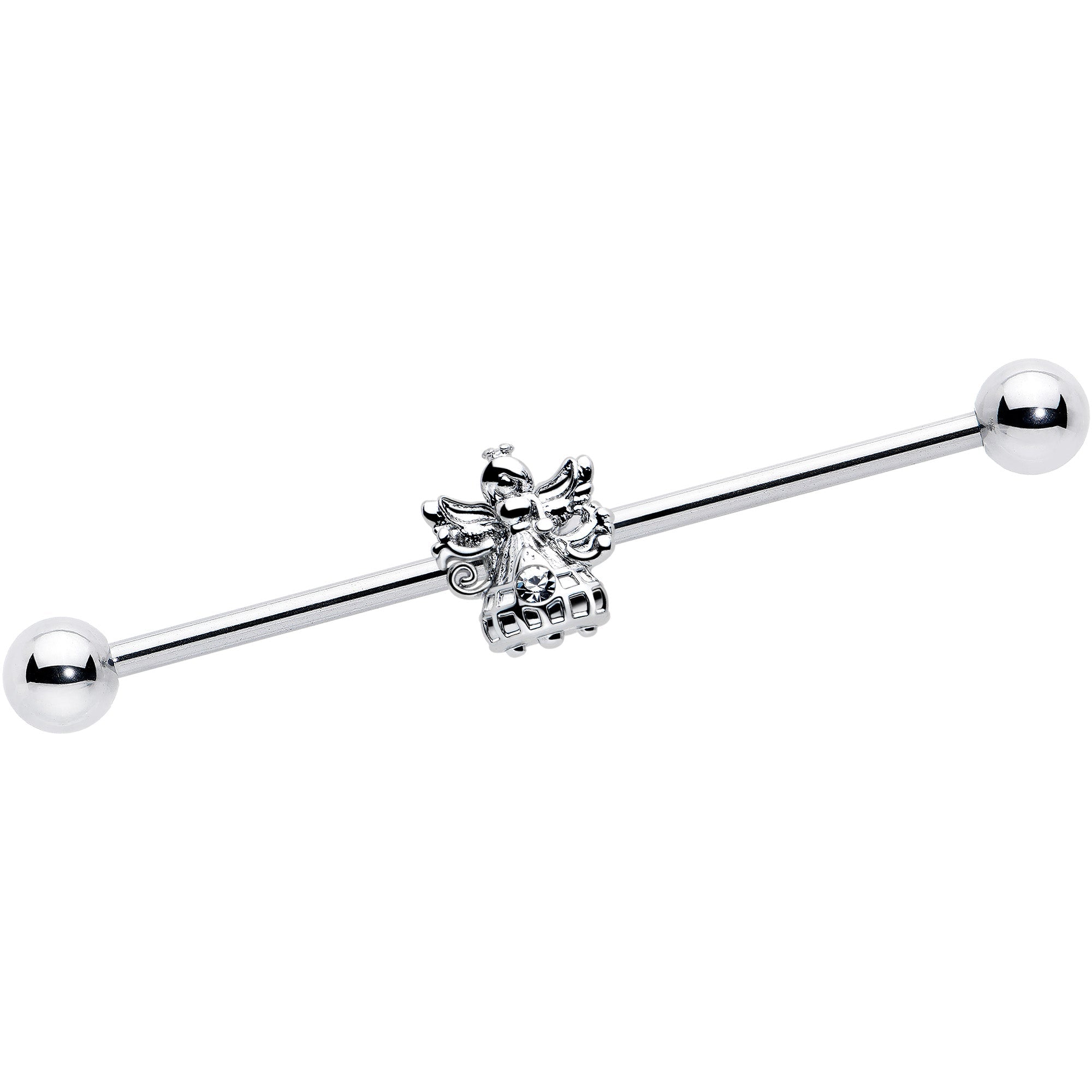 A 14 gauge industrial barbell with a silver-tone finish and an angel charm featuring a clear CZ gem in the center.