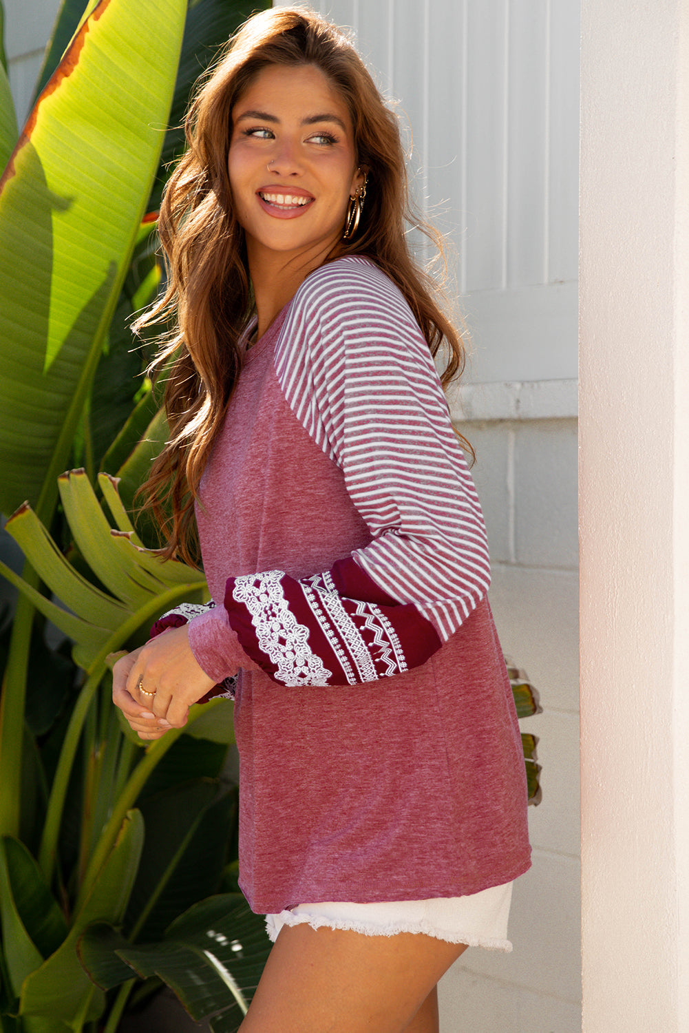 Women Burgundy Striped Raglan Long Sleeve Loose Fit Casual Top