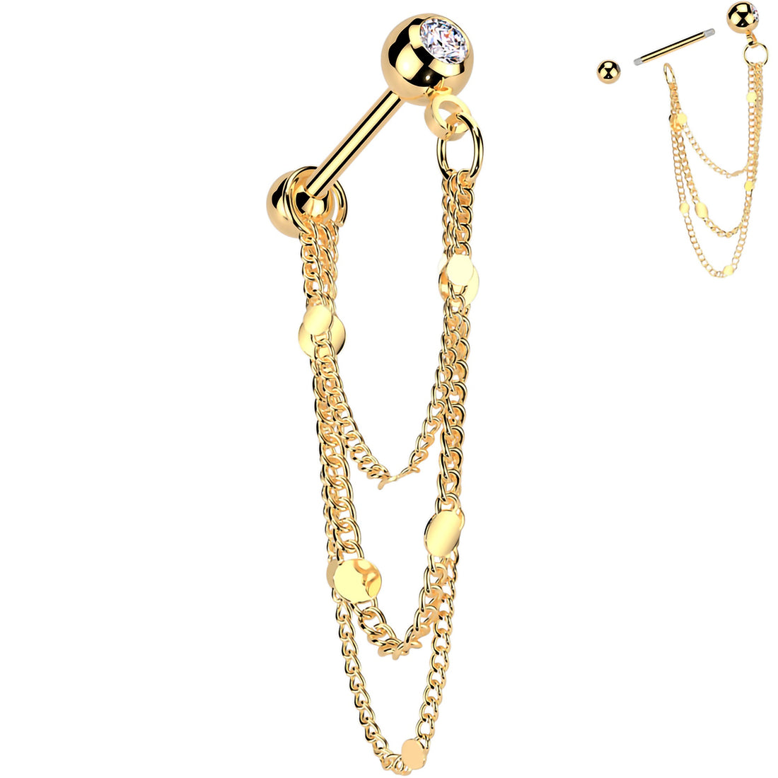 16G 5/16 CZ Gem Stud Triple Chain Cartilage Earring