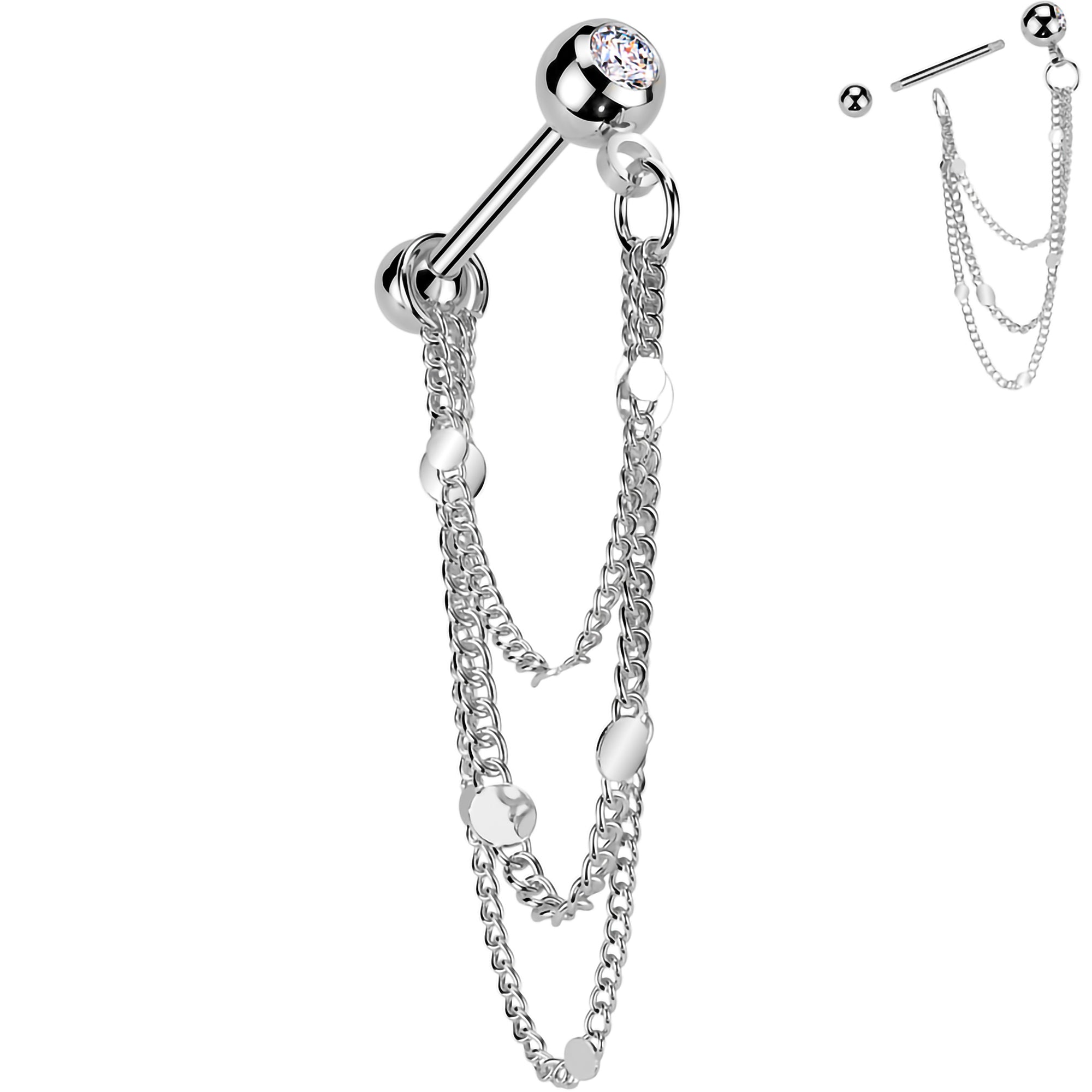 16G 5/16 CZ Gem Stud Triple Chain Cartilage Earring