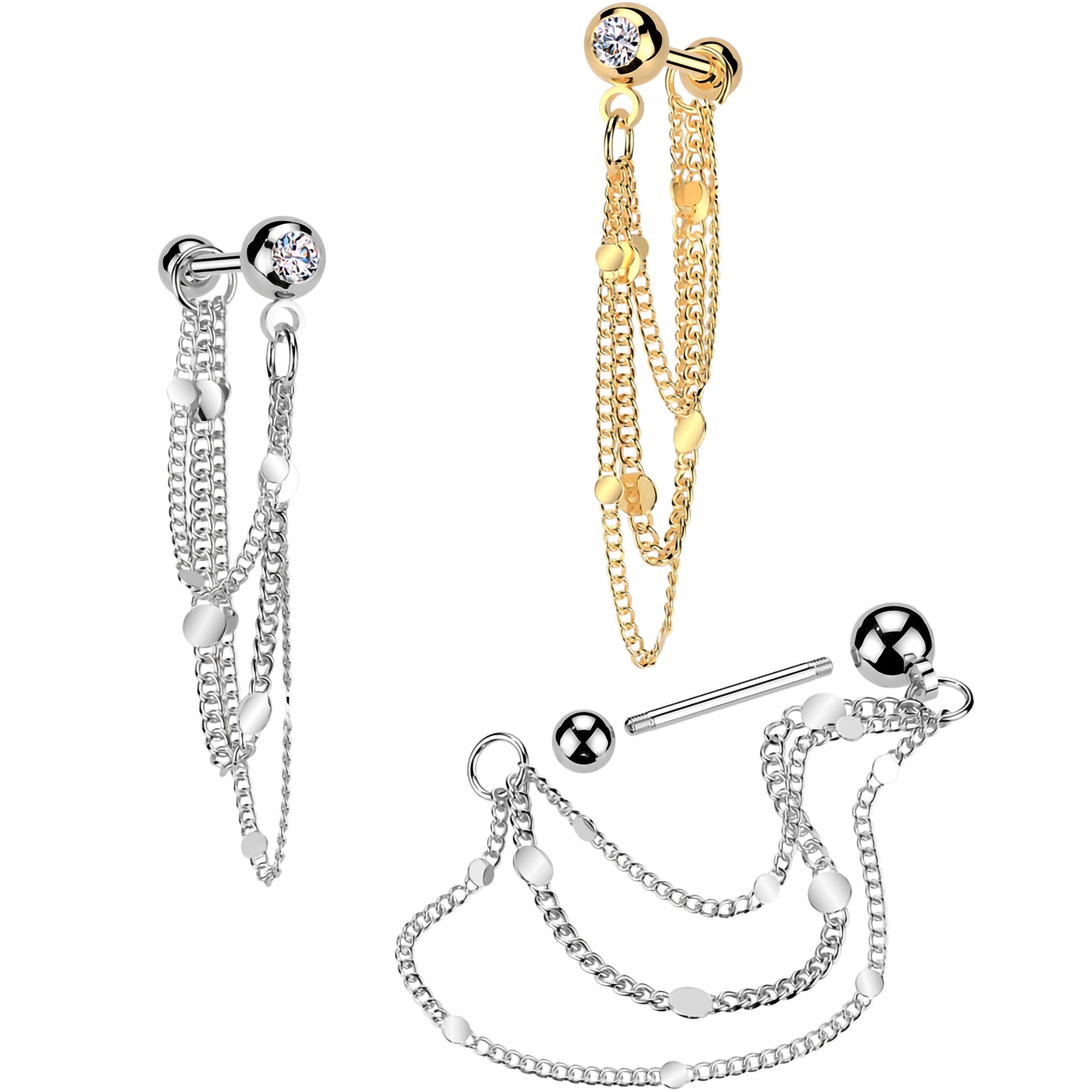 16G 5/16 CZ Gem Stud Triple Chain Cartilage Earring