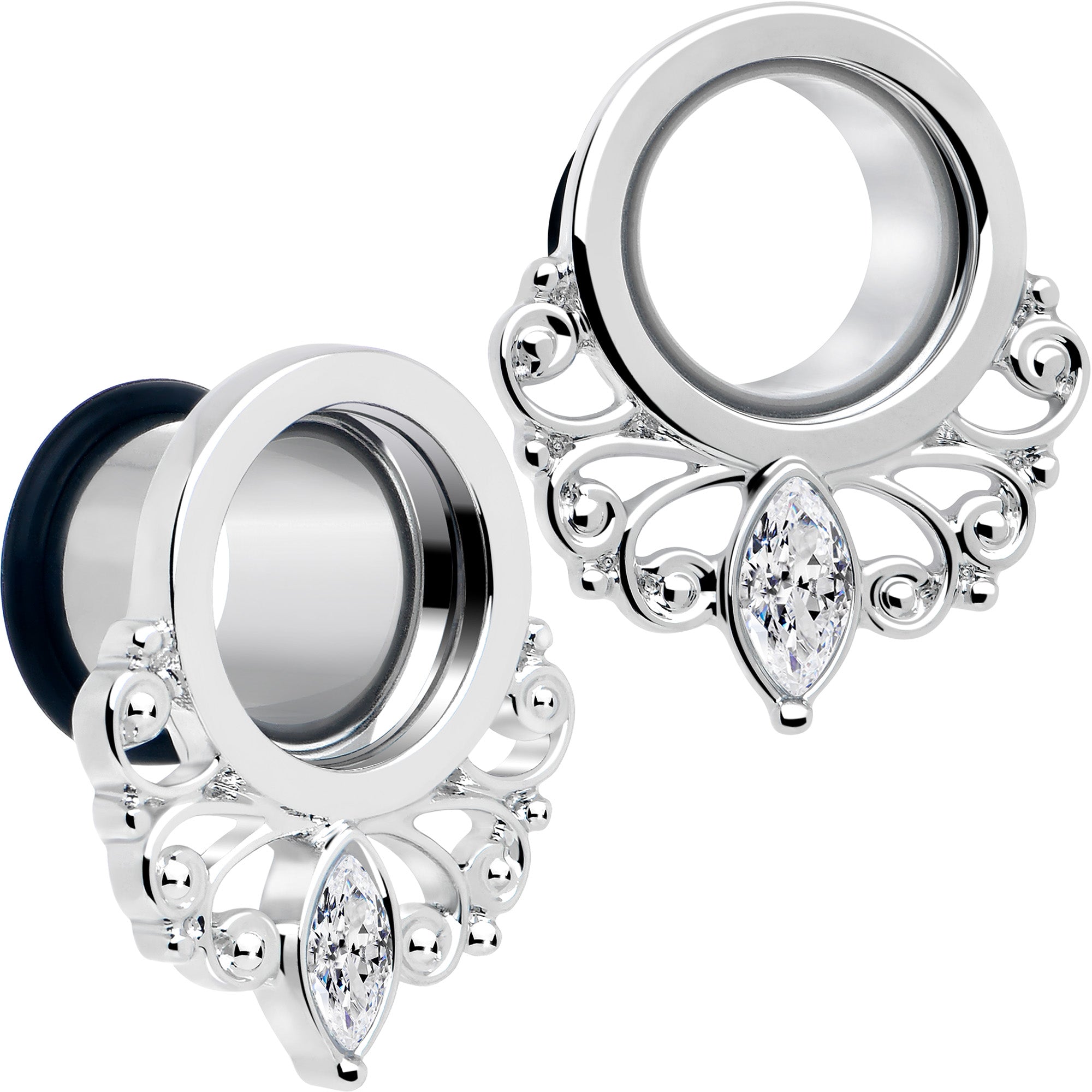 Clear Gem Filigree Single Flare Tunnel Plug Set in Stainless Steel - Image 8