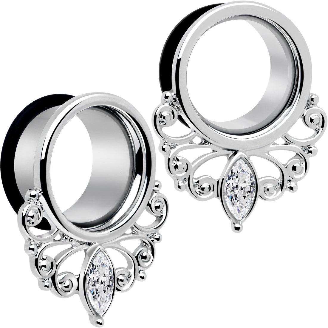 Clear Gem Filigree Single Flare Tunnel Plug Set in Stainless Steel - Image 11