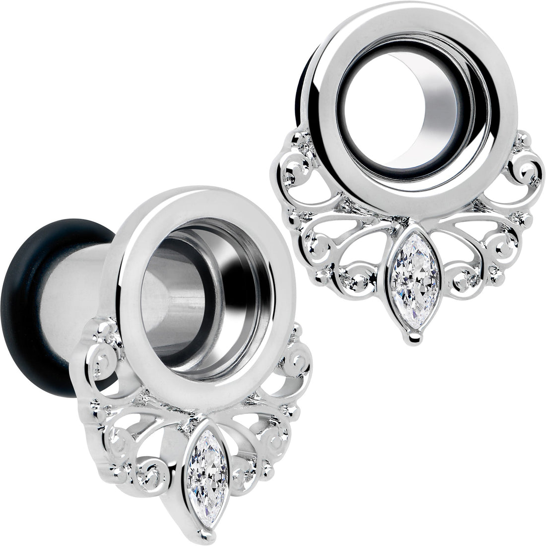 Clear Gem Filigree Single Flare Tunnel Plug Set in Stainless Steel - Image 6