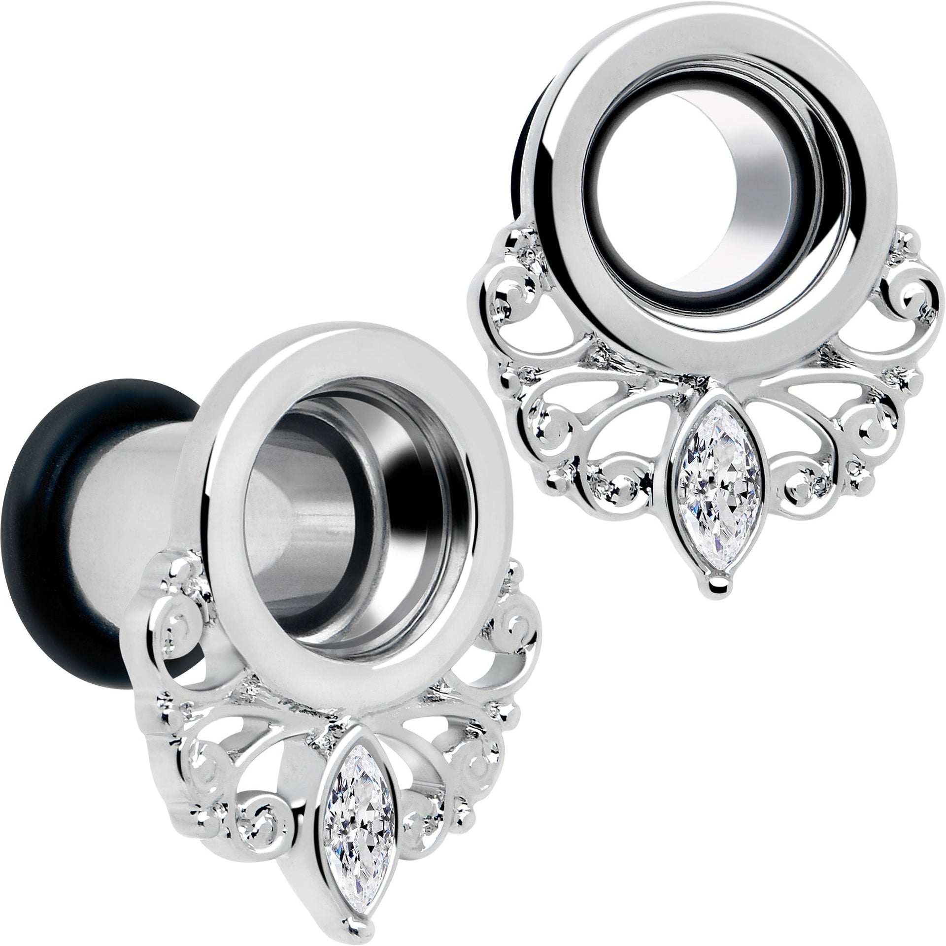 Clear Gem Filigree Single Flare Tunnel Plug Set in Stainless Steel - Image 6