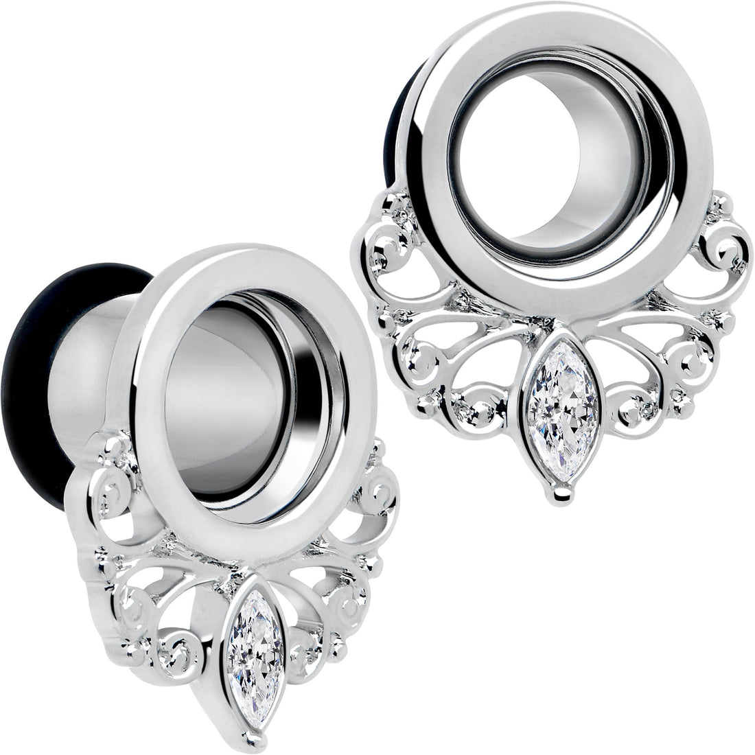 Clear Gem Filigree Single Flare Tunnel Plug Set in Stainless Steel - Image 7