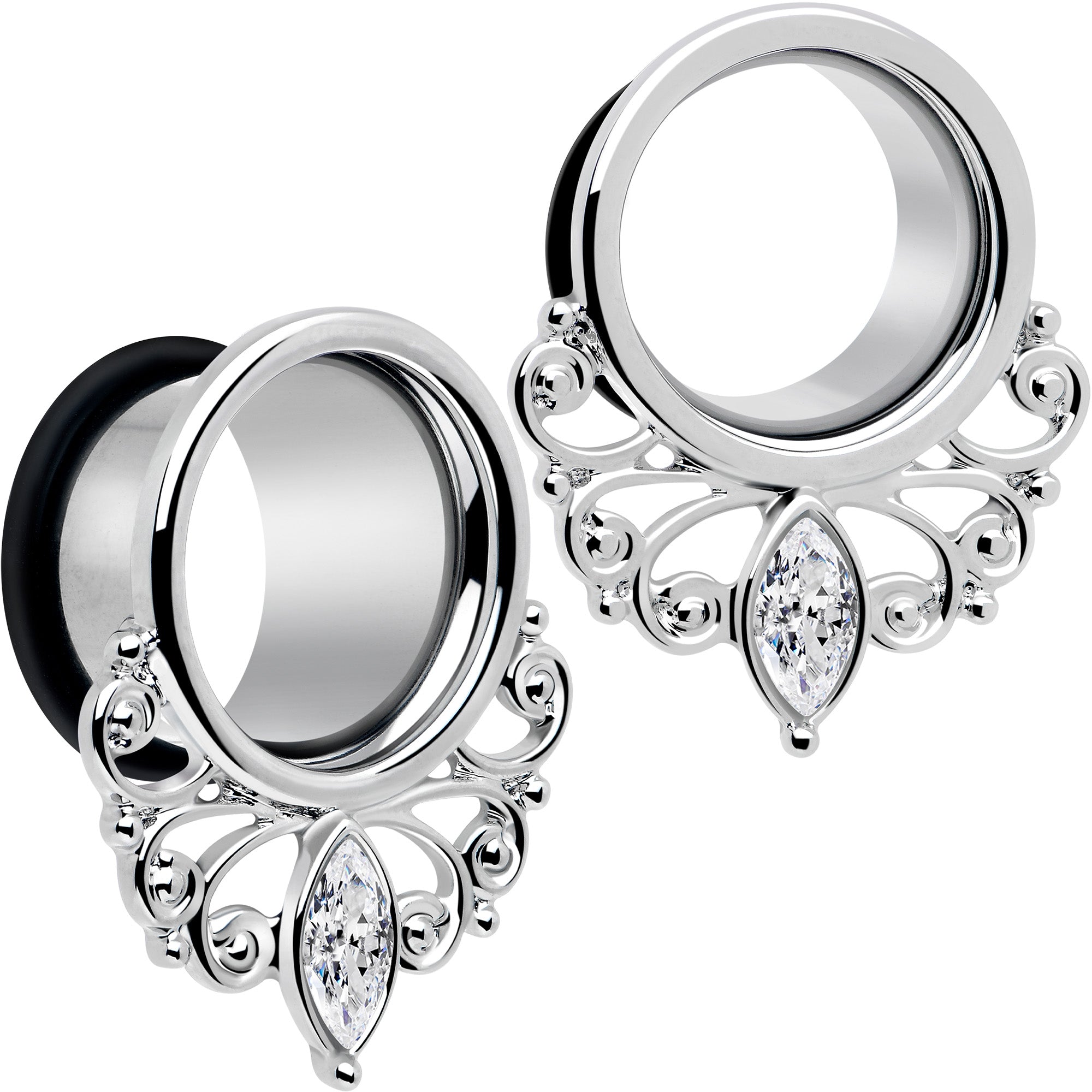 Silver-tone filigree single flare tunnel plugs featuring a clear marquise-cut gemstone accent.