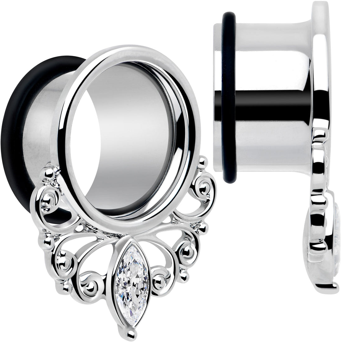Clear Gem Filigree Single Flare Tunnel Plug Set in Stainless Steel - Image 2