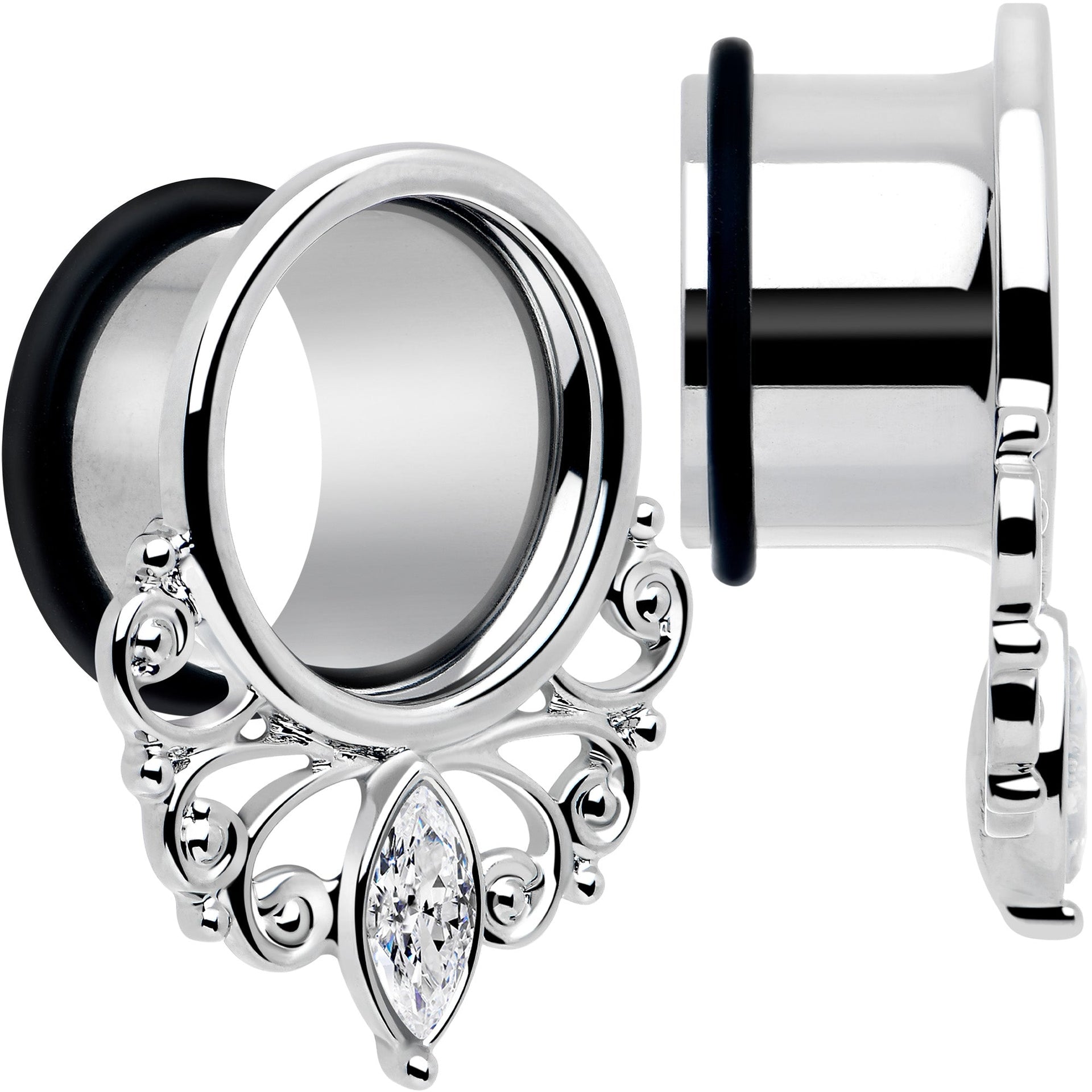Clear Gem Filigree Single Flare Tunnel Plug Set in Stainless Steel - Image 2