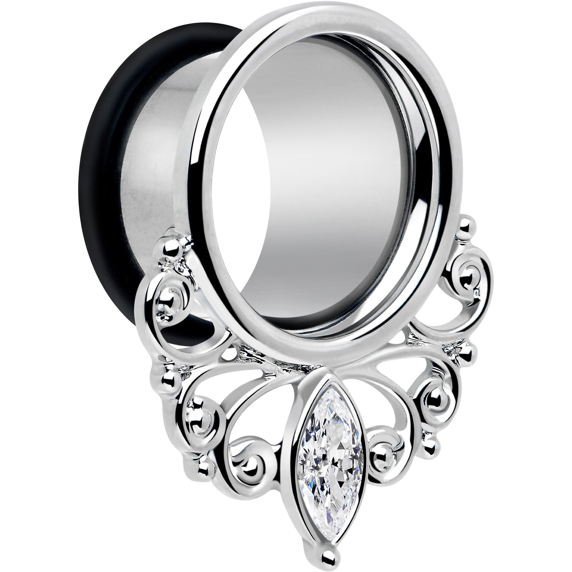 Clear Gem Filigree Single Flare Tunnel Plug Set in Stainless Steel - Image 3