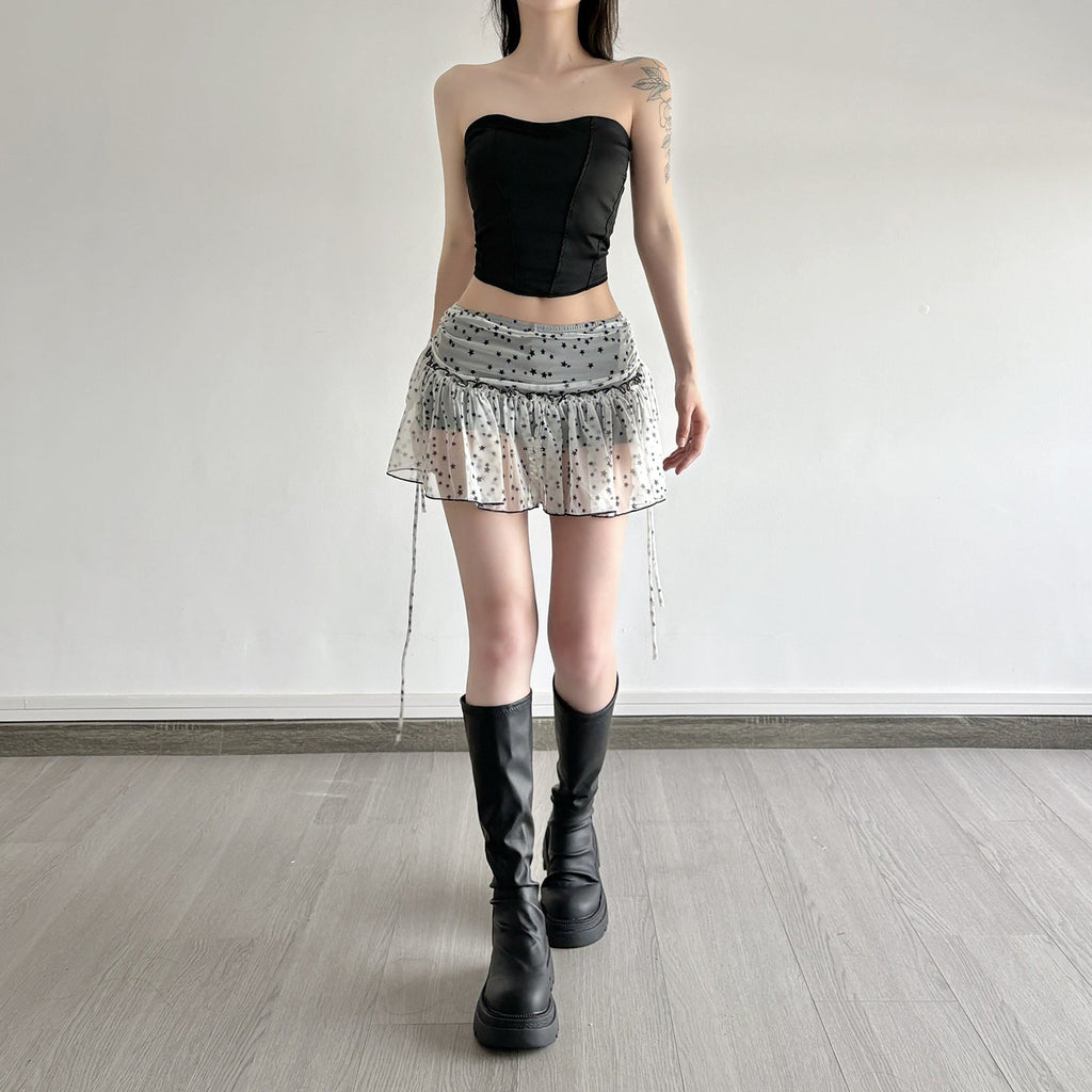 White Star Print Pleated Mini Skirt with Side Drawstring - Image 5