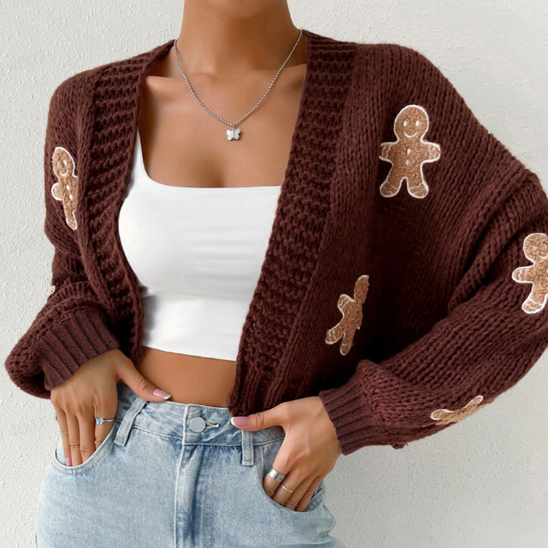 Gingerbread Man Knit Cardigan with Ribbed Cuffs