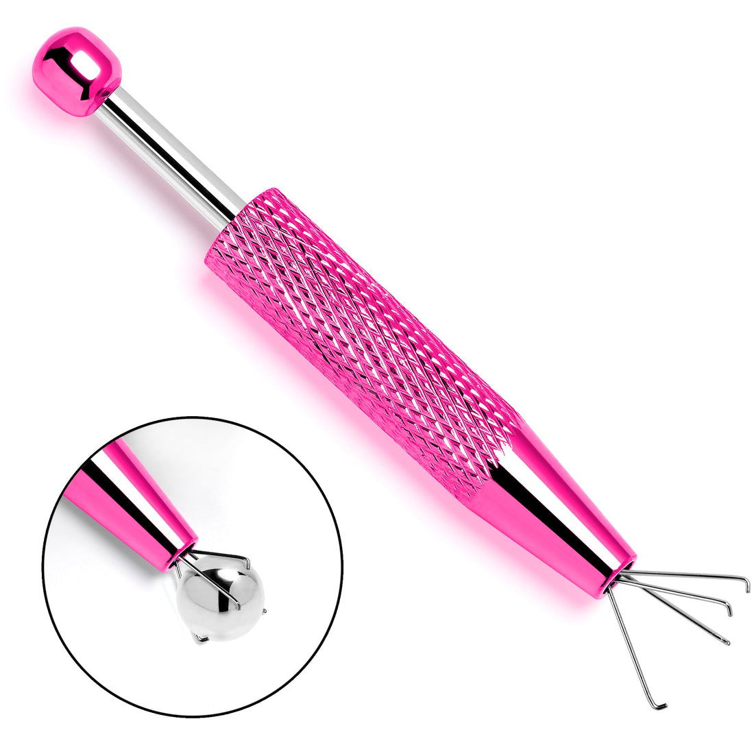 Pink stainless steel ball grabber tool for body jewelry with a four-prong claw tip.
