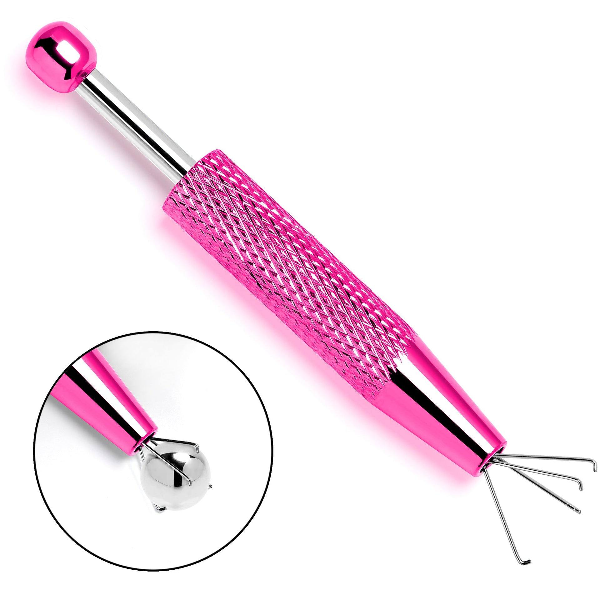 Pink stainless steel ball grabber tool for body jewelry with a four-prong claw tip.