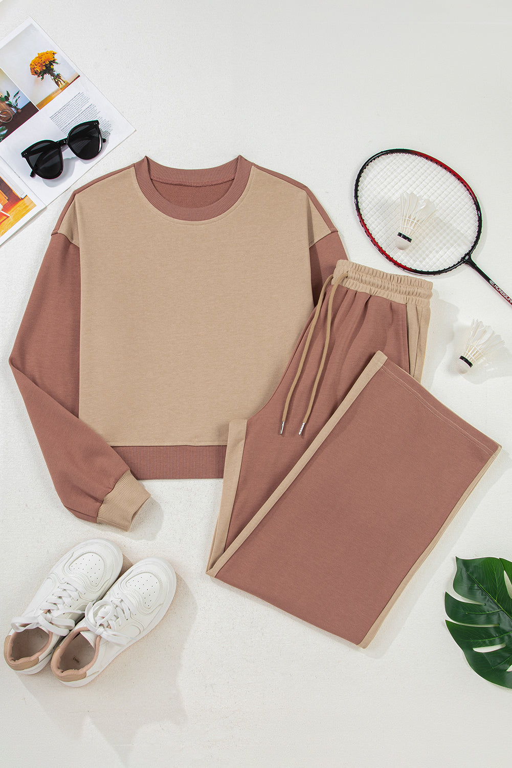 Khaki Color Block Crop Top & Drawstring Pant Set