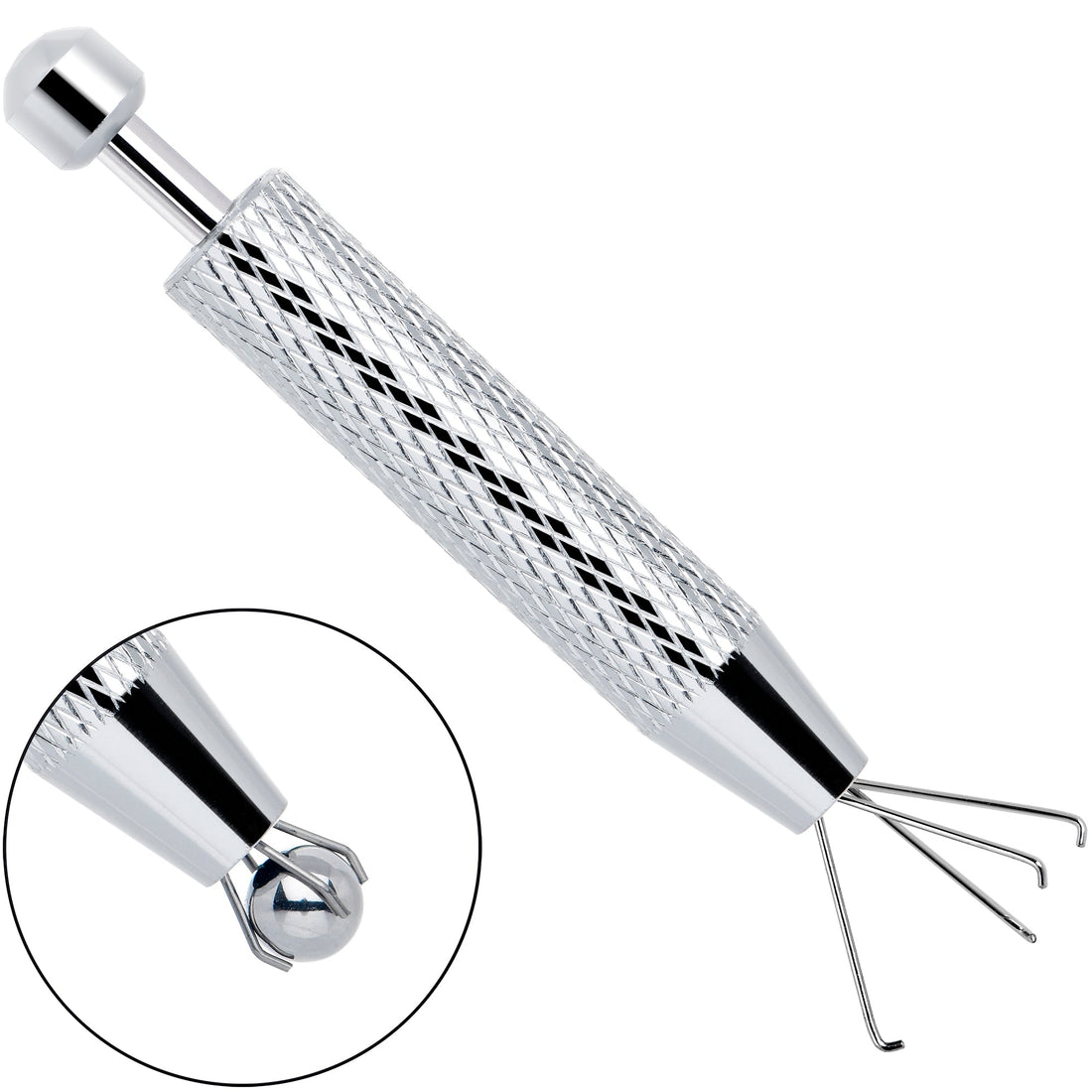 Silver stainless steel piercing ball grabber tool with a four prong claw and quick release plunger.