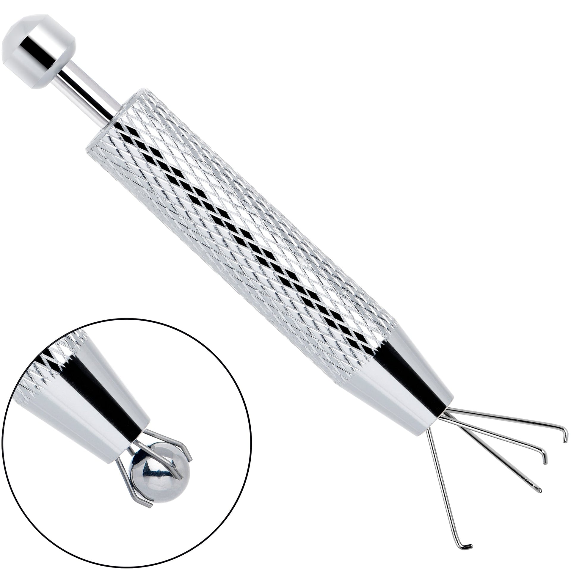 Silver stainless steel piercing ball grabber tool with a four prong claw and quick release plunger.