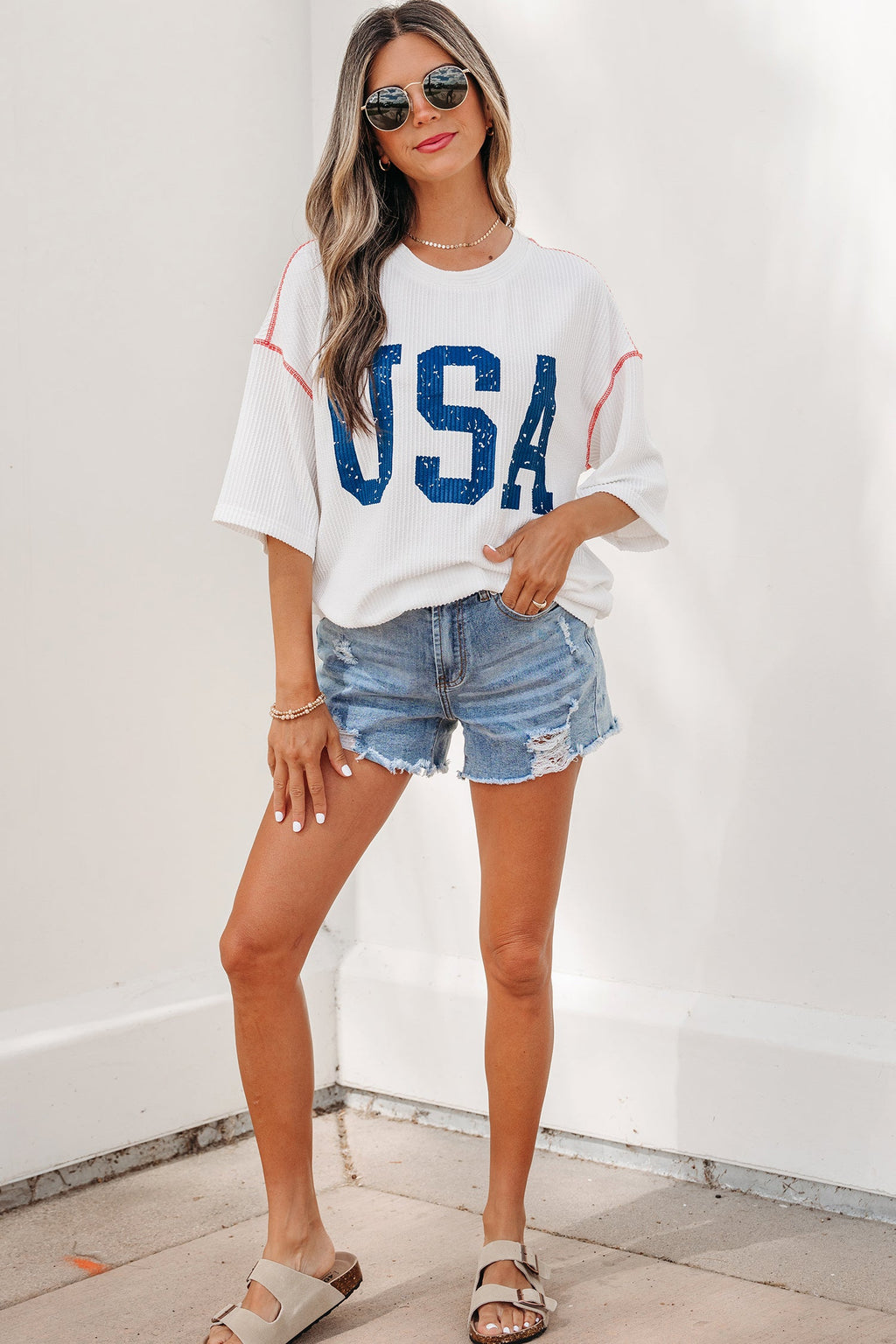 White USA Graphic Half Sleeve Loose Ribbed Top