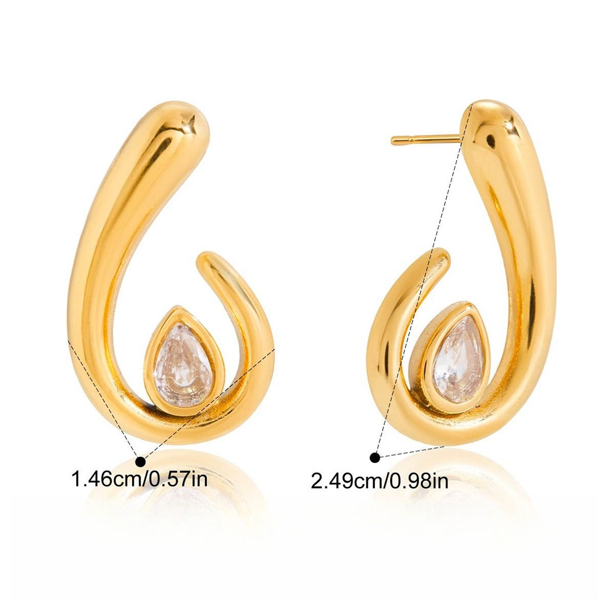 18K Gold Teardrop Stud Earrings with Cubic Zirconia