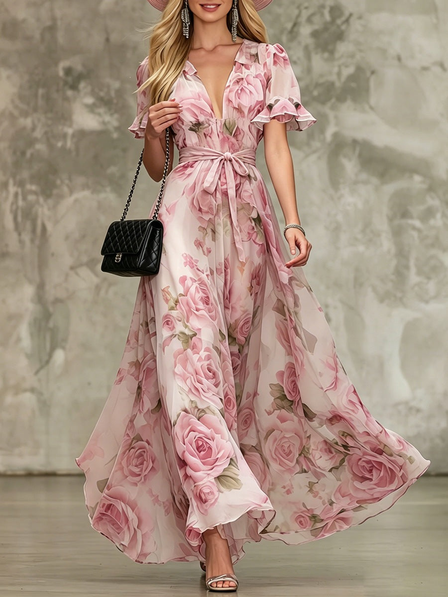Women's Floral Chiffon Maxi Dress with Ruffle Sleeves & Tie Waist
