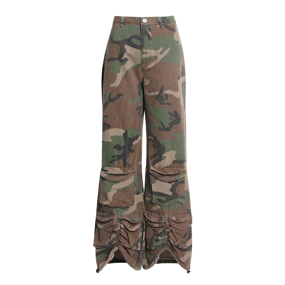 Women's camouflage wide leg cargo pants with ruched hem detail and high waist, on a white background.