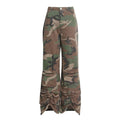 Women's camouflage wide leg cargo pants with ruched hem detail and high waist, on a white background.