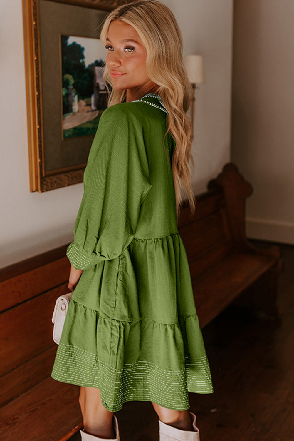 Jungle Green V Neck 3/4 Sleeve Swing Mini Dress