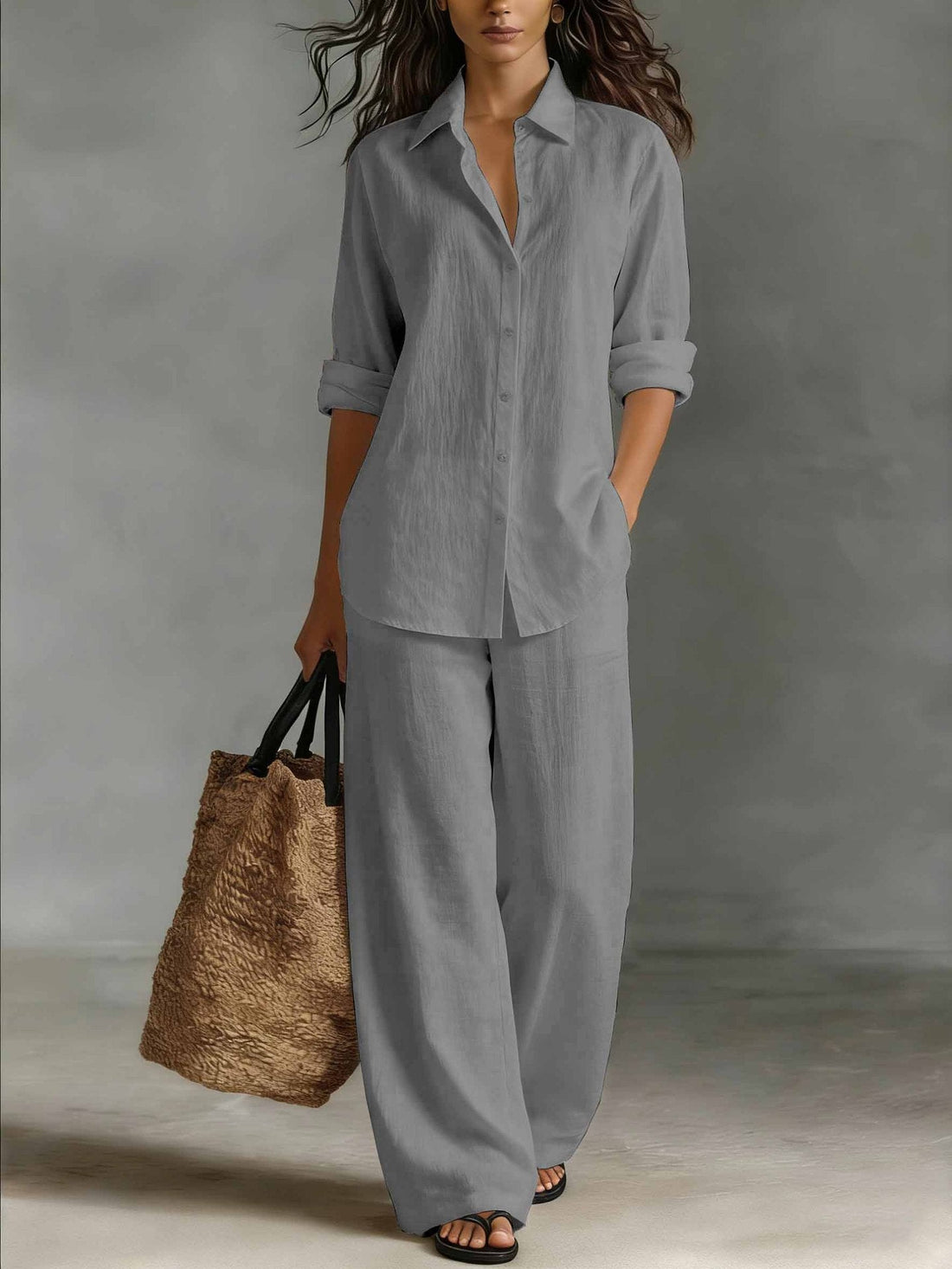 Women's Bohemian Cotton-Linen Button-Down Top and Pant Set - Image 12