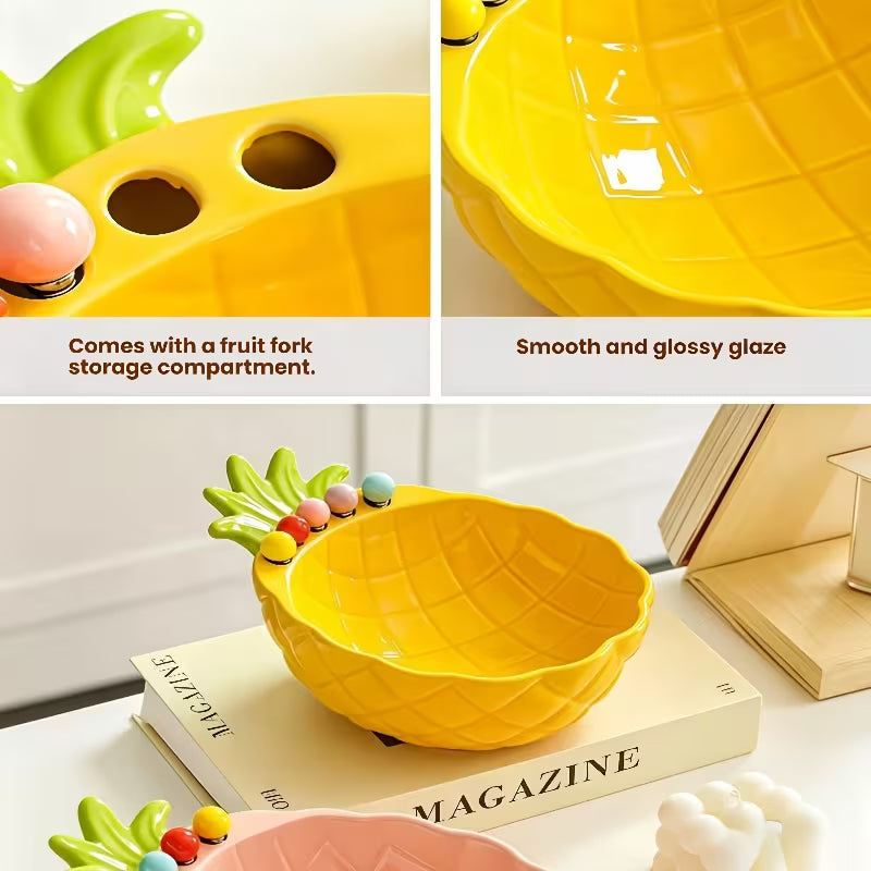 Pineapple-Shaped Ceramic Fruit Bowl with Stainless Steel Fork Set