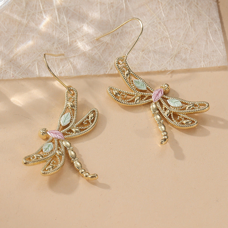 Vintage Dragonfly Drop Earrings Gold Tone Brass Women Spring Summer Daily Fashion Jewelry Elegant Gift