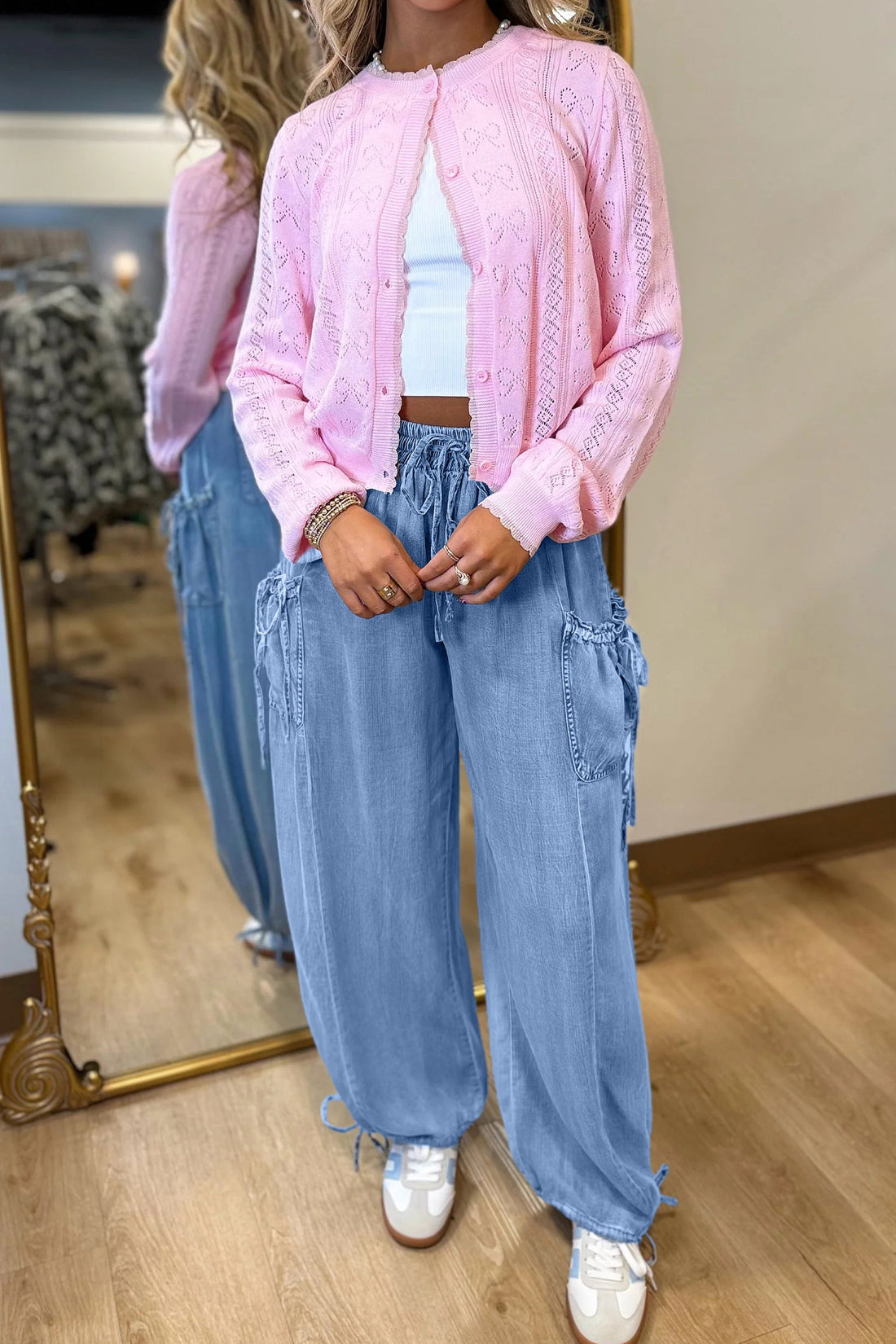 Women's Light Blue Drawstring Denim Pants Relaxed Streetwear