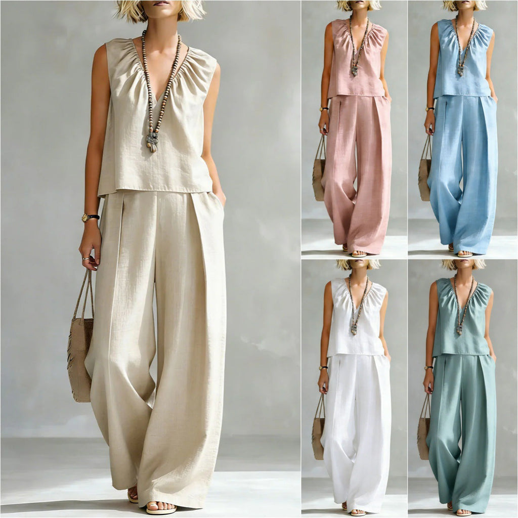 Women's Sleeveless Cotton-Linen Blouse and Wide-Leg Pants Set - Image 3