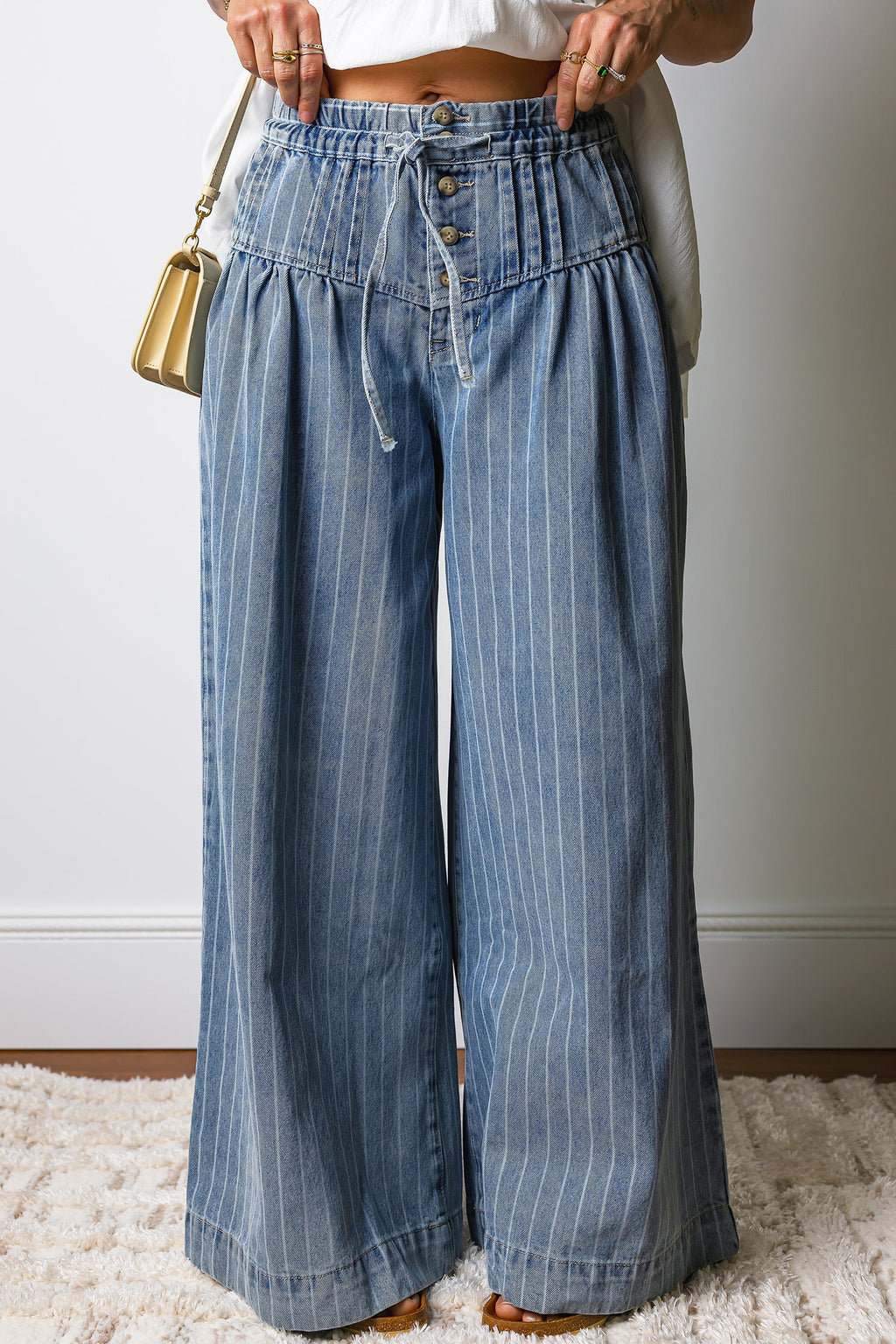 FRAME Striped Button Pleated Wide Leg Jeans | Drawstring Waist