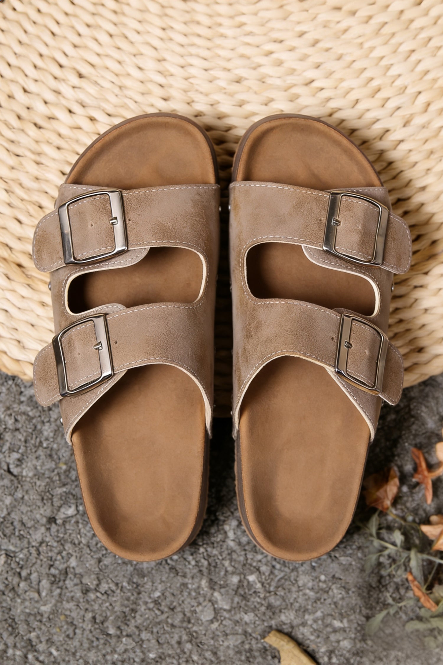 Medium Grey Retro Double Buckle PU Leather Faux Suede Platform Slippers
