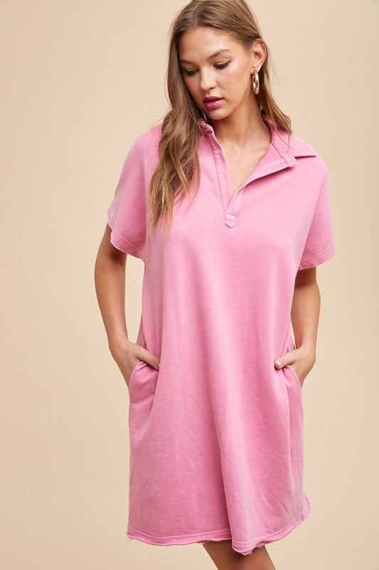 Minimalist pink short sleeve dress made from cotton with a unique mineral wash finish.