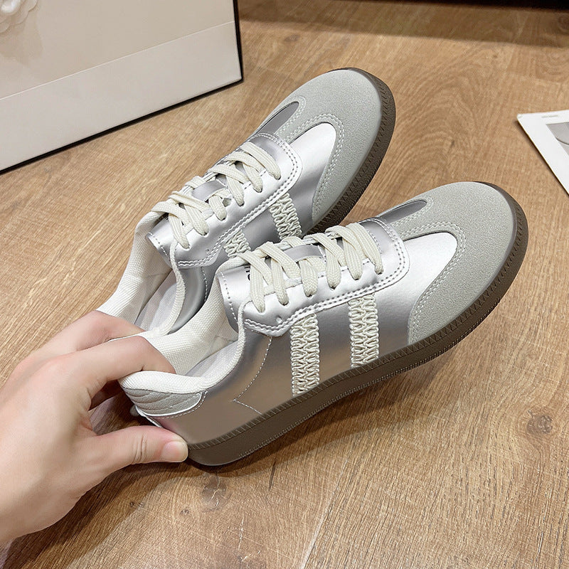 Women Metallic Silver Casual Lace Up Sneakers Comfort Flat Shoes - Image 2
