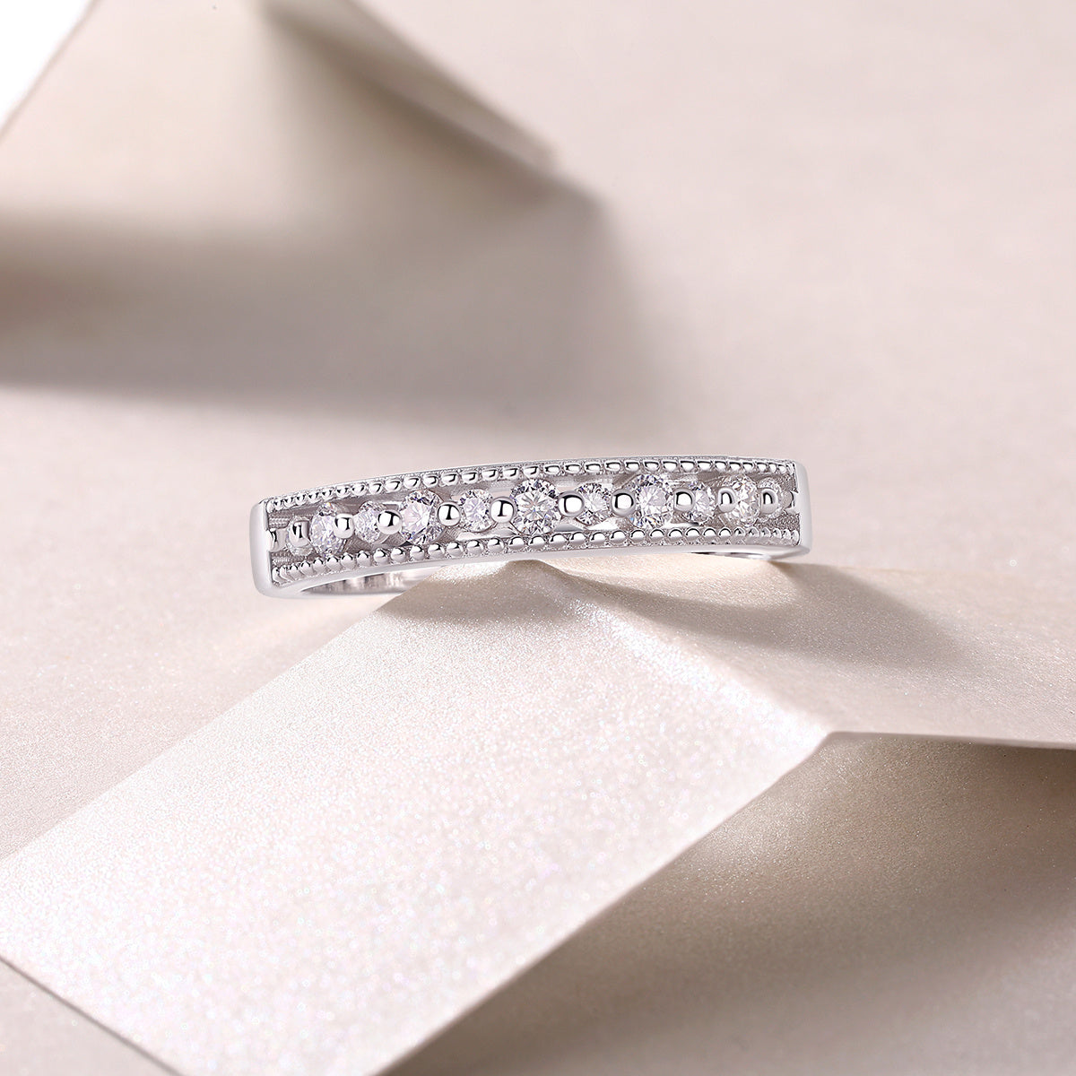 S925 Silver 2.5g Platinum Plated Moissanite Ring, 2.8mm Milgrain Stackable Band, GRA Certified US 5-9