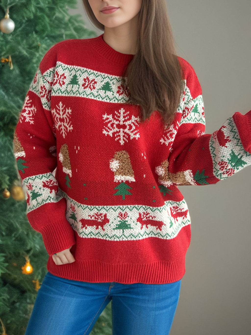 Women's Red Christmas Sweater with Festive Pattern Round Neck - Image 3