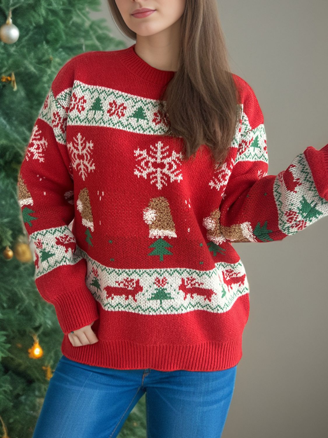 Women's Red Christmas Sweater with Festive Pattern Round Neck - Image 3