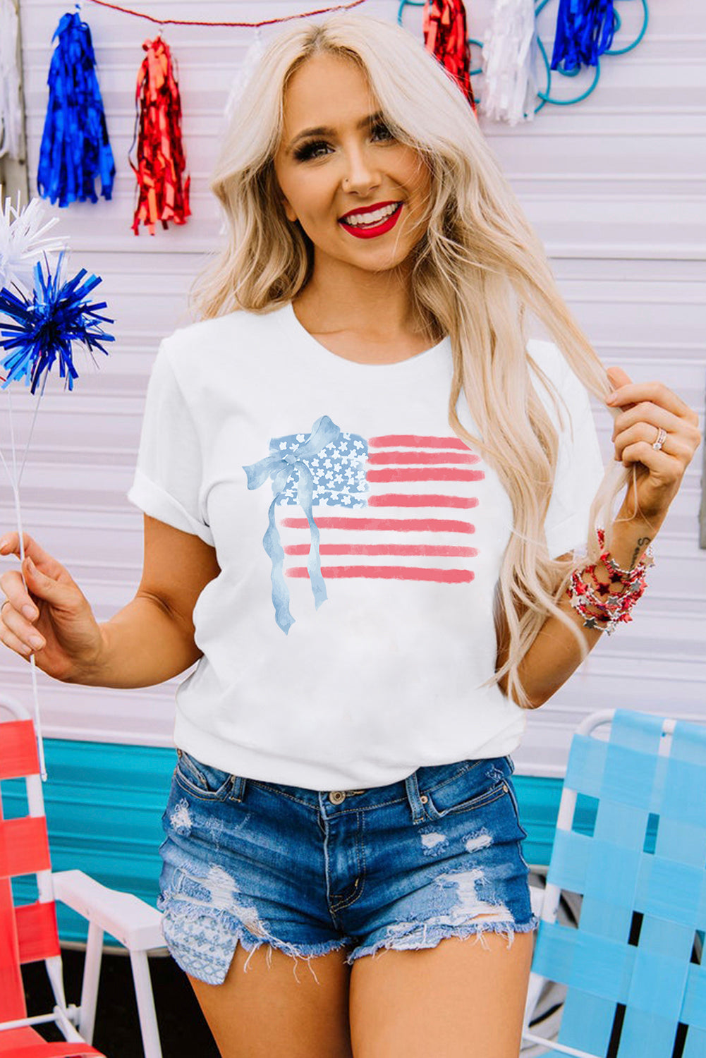 White American Flag Bow Knot Print Crew Neck Casual T-Shirt