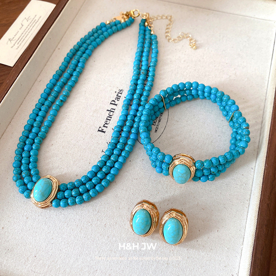 European And American Multi-Layered Green Stone Beaded Necklace For Women, Fashionable And Simple Clavicle Chain, Retro Ethnic Style Necklace Wholesale