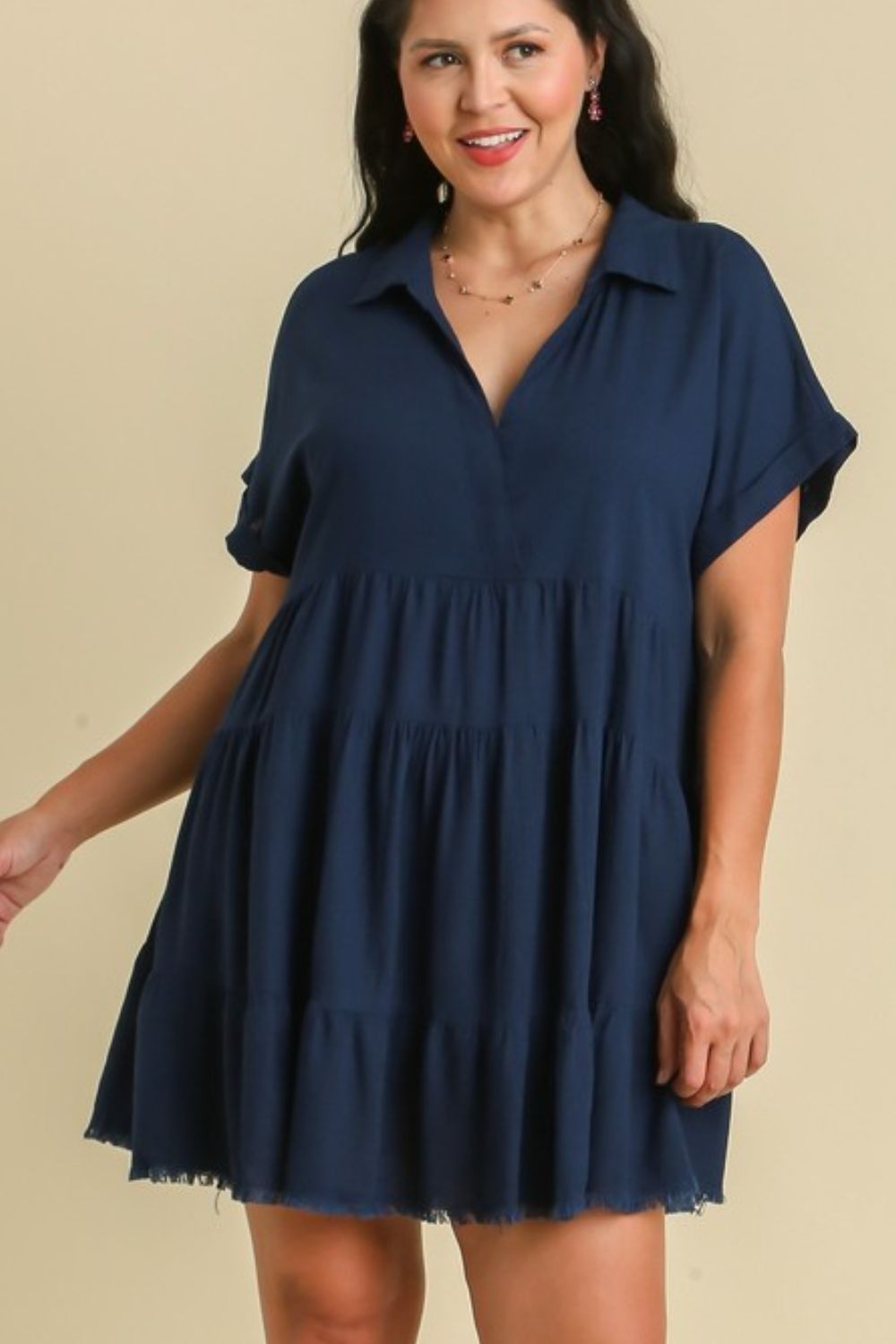 Dark Navy Tiered Midi Dress with Raw Hem and Folded Sleeves