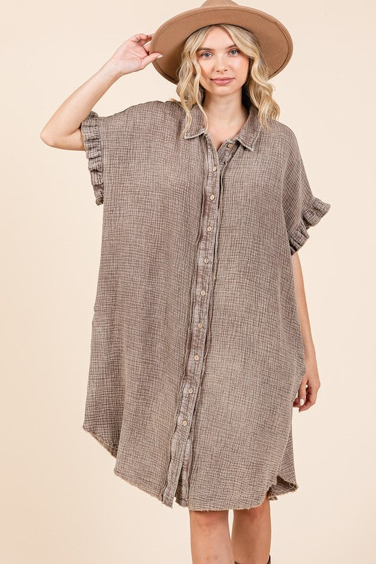 Mineral Wash Cotton Gauze Shirt Dress - Casual Ruffle Sleeve