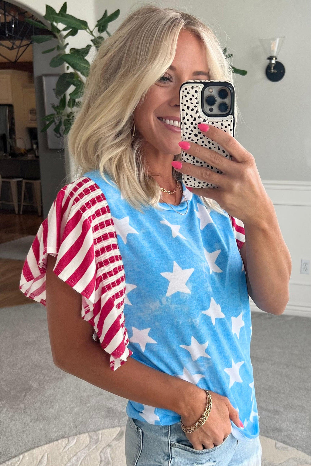 Sky Blue Star Print Striped Ruffle Sleeve Independence Day Top