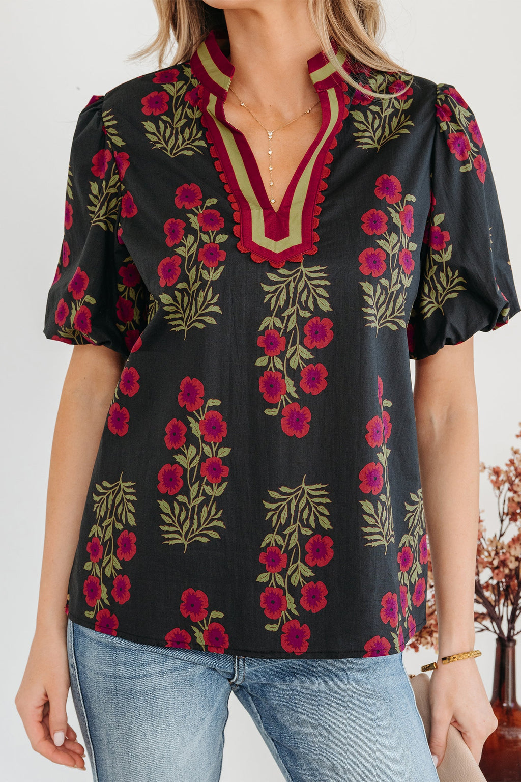 Zoe Floral Contrast Slit Neckline Blouse with Puff Sleeves