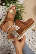 Gold Woven Two Band Color Block Wedge Slippers