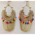 Gold-polished Afghani dangler earrings with multi-colored pearls and hanging chains