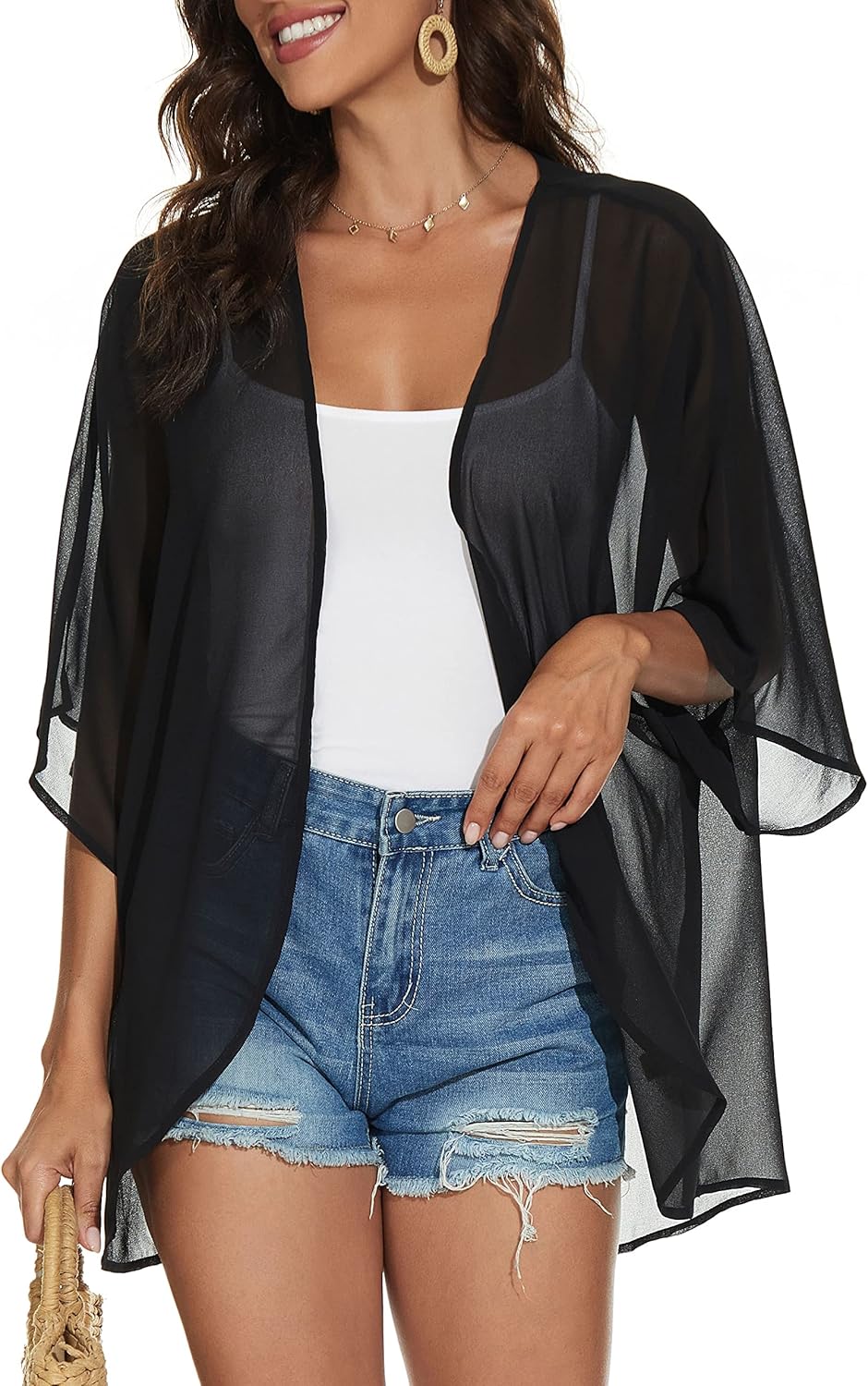 Floral Print Kimono Cardigan Women Puff Sleeve Cover Up Casual Blouse Loose Top