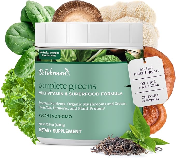 Dr. Fuhrman Whole Food Greens Powder | Premium Greens Superfood Powder Multivitamin | Plant Based Protein for Immune Support & Gut Health | Organic Mushrooms, Greens, & Turmeric | Vitamin B12, D3, K2