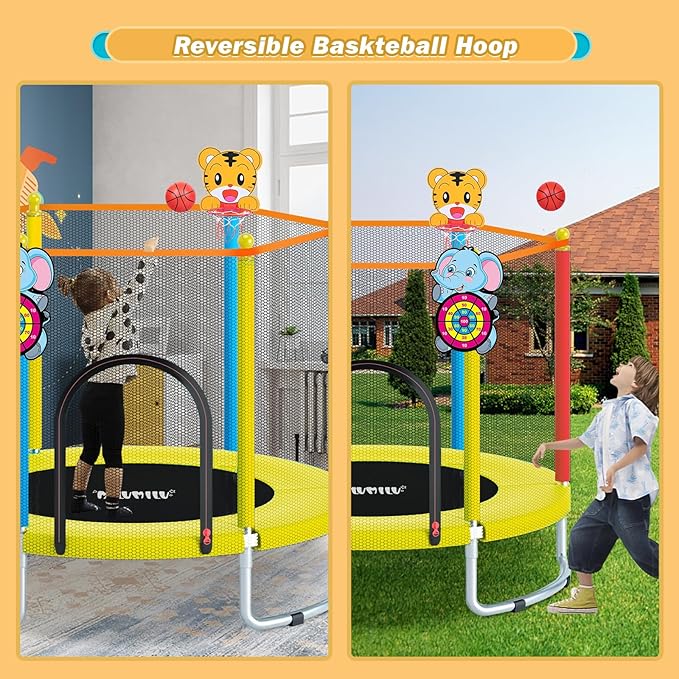 60-Inch Kids Mini Trampoline with Safety Net and Basketball Hoop